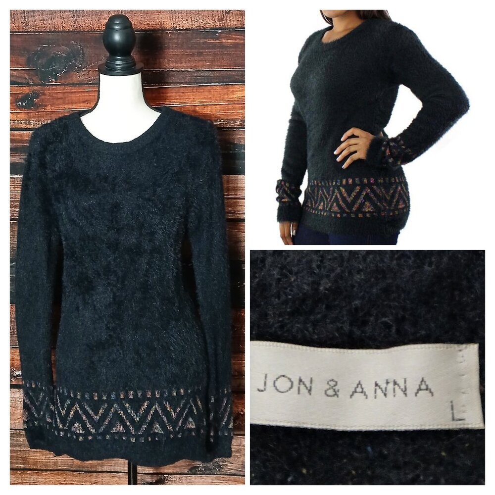 Jon & Anna Sweater L Black Aztec Tribal Super Soft Faux Fur Nylon Cozy